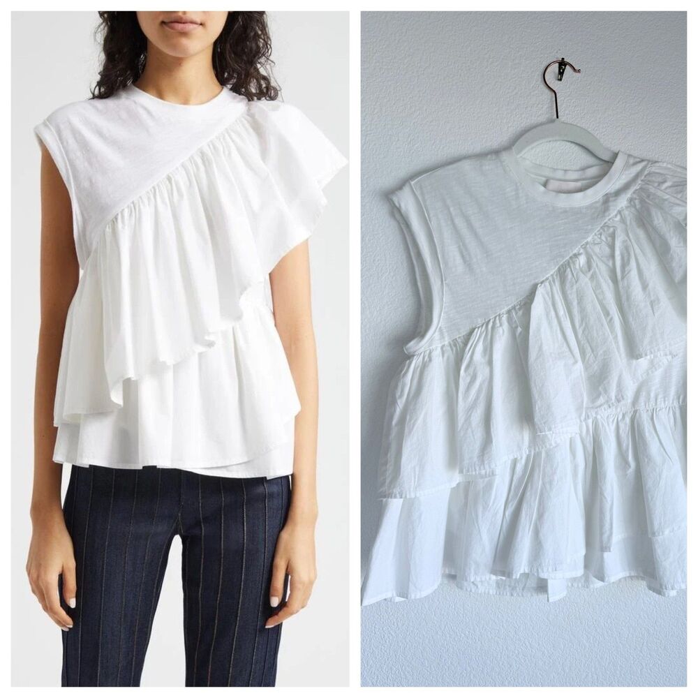 NWOT Cinq à Sept Micki Asymmetric Ruffle Cap Sleeve Cotton Top In White Size XS